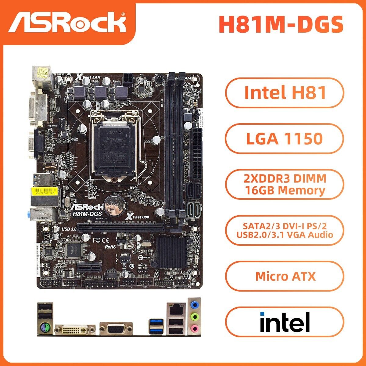 ASRock H81M-DGS Motherboard M-ATX Intel H81 LGA1150 DDR3 SATA2/3 DVI-I VGA PS/2