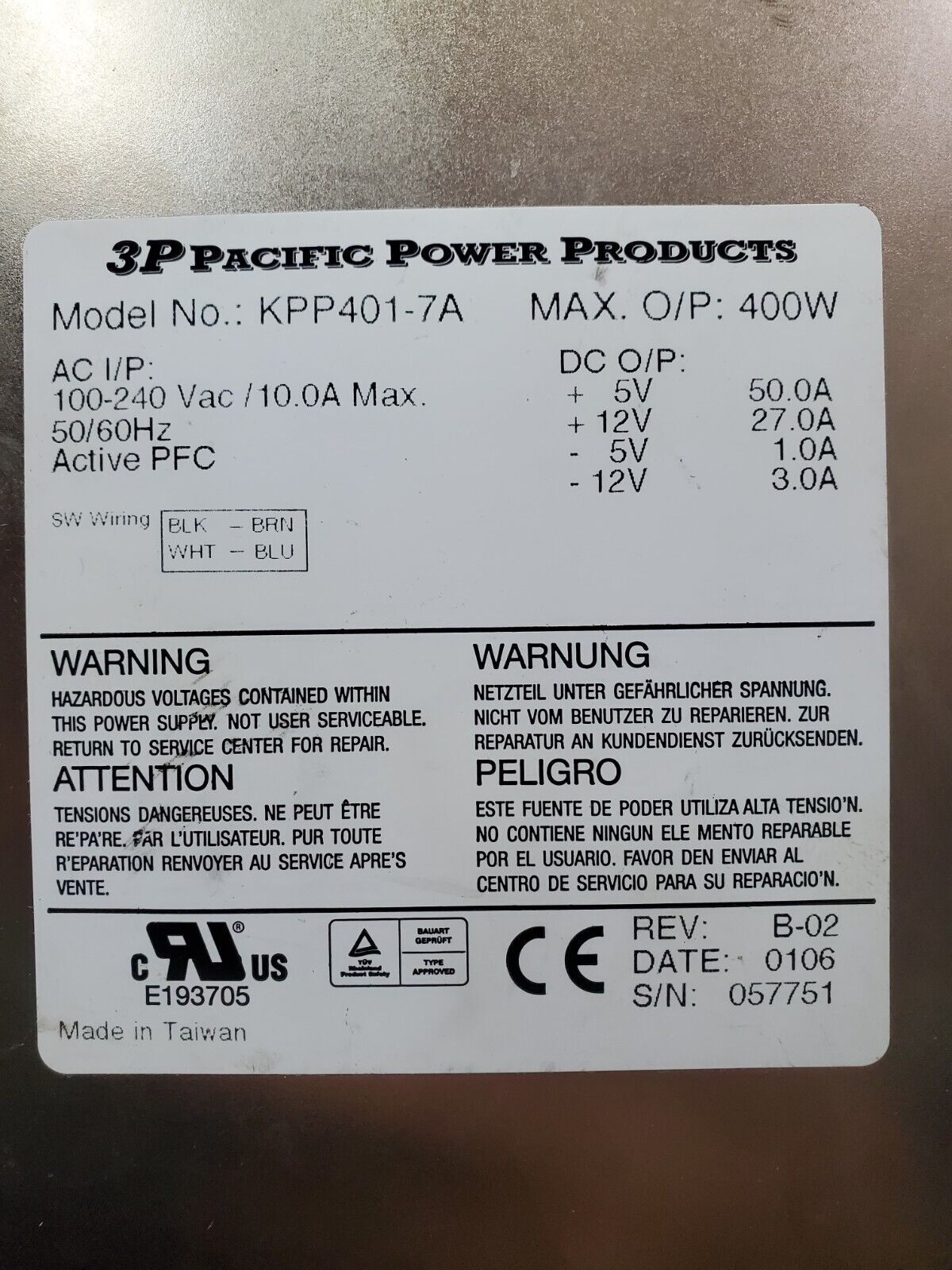 3P Pacific Power Products 400W Power Supply | KPP401-7A | PN 083-00087-0000