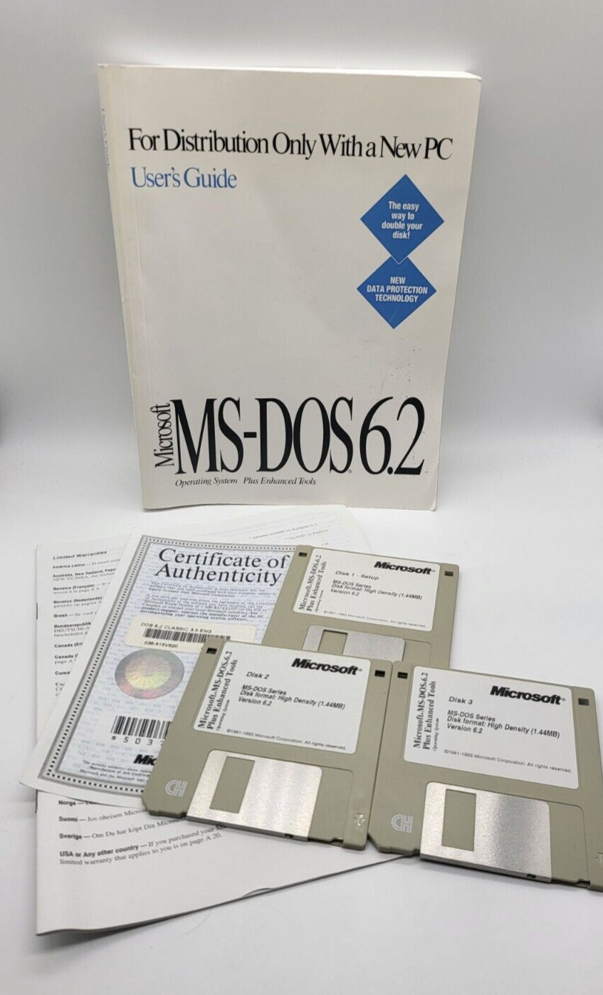 Vintage Genuine Microsoft MS-DOS 6.2 With 3 Disks & COA