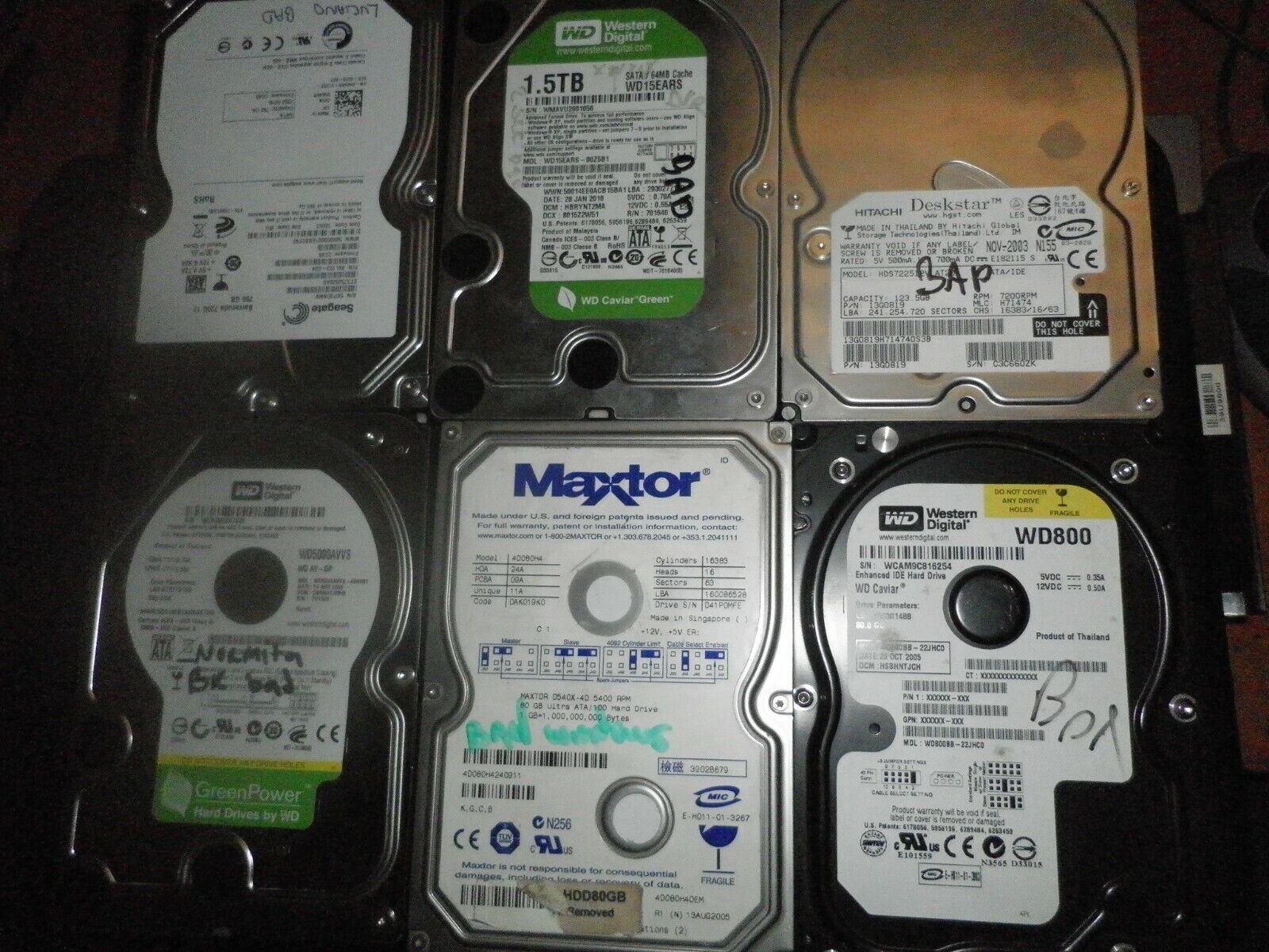 Lot of 6 bad hdd 3.5 (3 IDE and 3 SATA) for parts/recycling