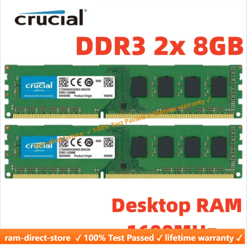 CRUCIAL DDR3 1600MHz 16GB (2x 8GB) PC3-12800 Desktop 240pin DIMM Memory RAM 16G