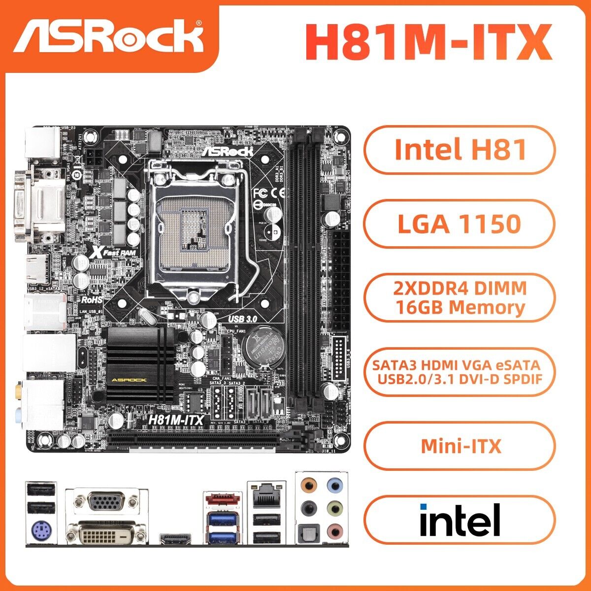 ASRock H81M-ITX Motherboard Mini-ITX Intel H81 LGA1150 DDR3 SATA3 HDMI VGA DVI-D