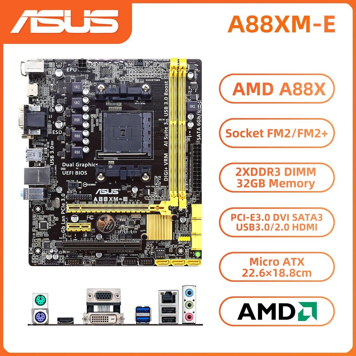 ASUS A88XM-E Motherboard M-ATX AMD A88X FCH FM2+ DDR3 32GB SATA3 HDMI DVI+I/O