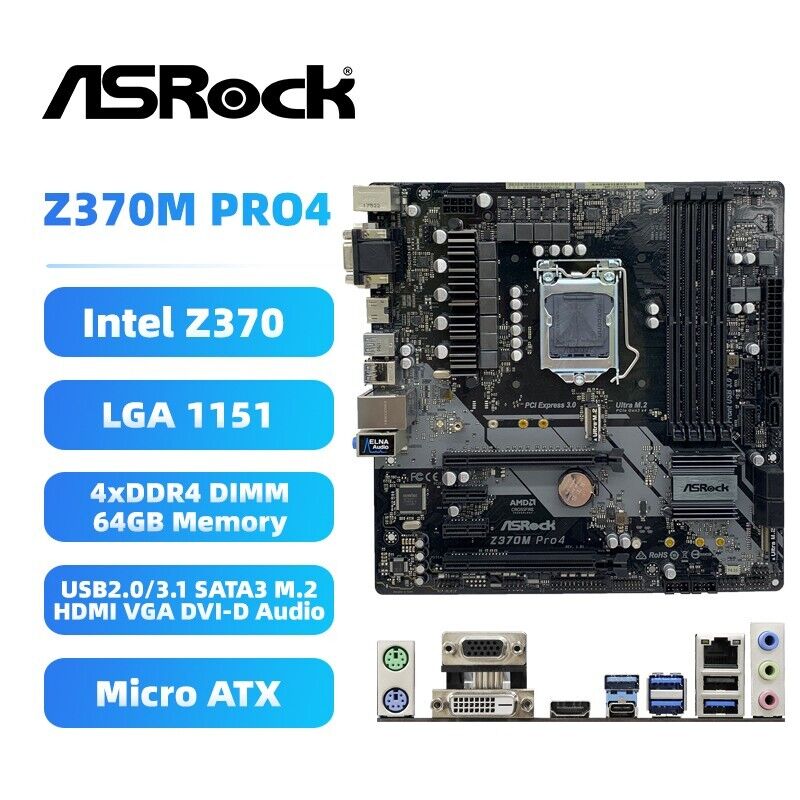 ASRock Z370M PRO4 Motherboard M-ATX Intel Z370 LGA1151 DDR4 64GB SATA3 HDMI DVI