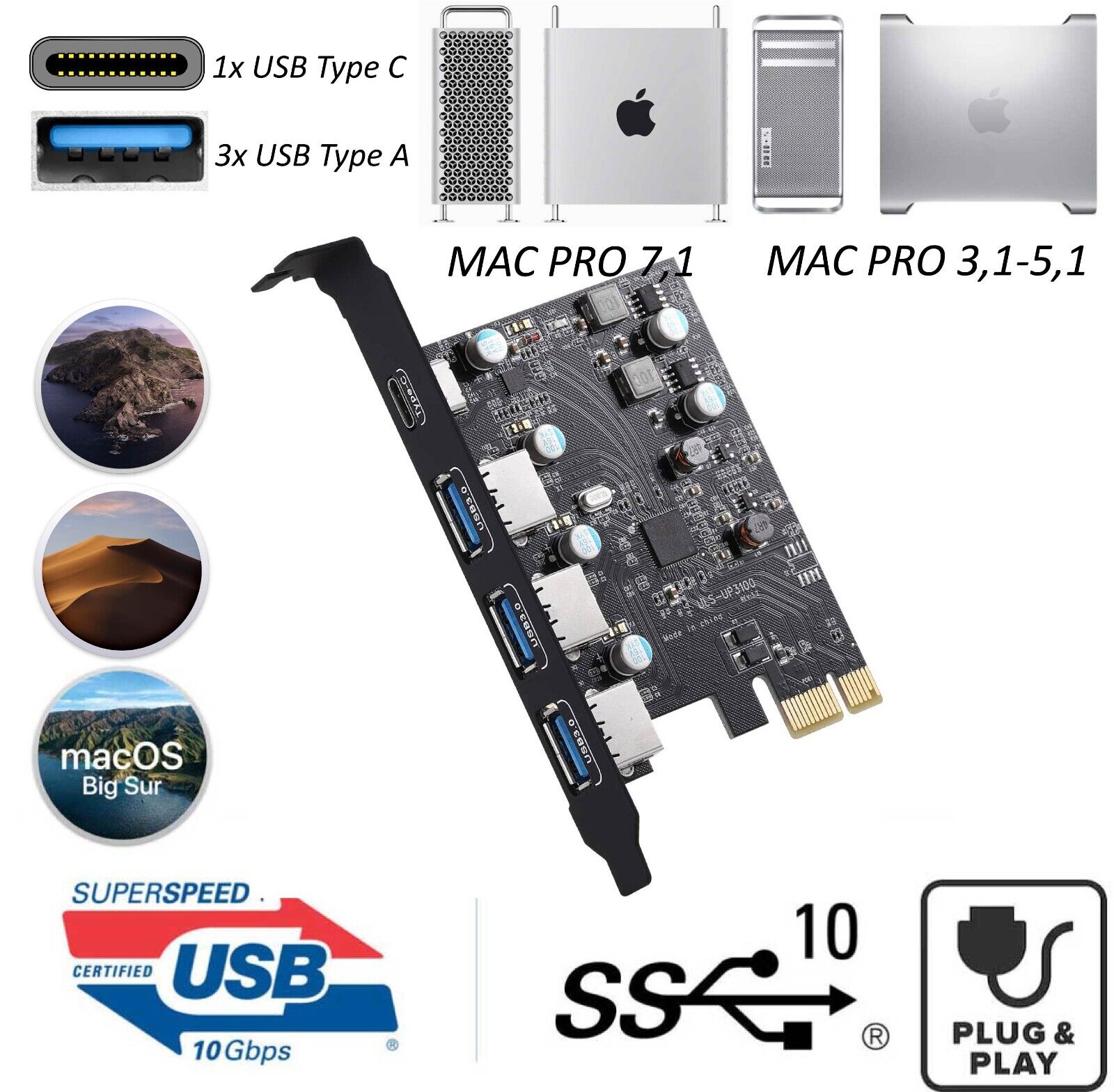 USB 3.1 Type-A & Type C MAC PRO PCIe Card - Plug and Play Supports 3,1 4,1 5,1