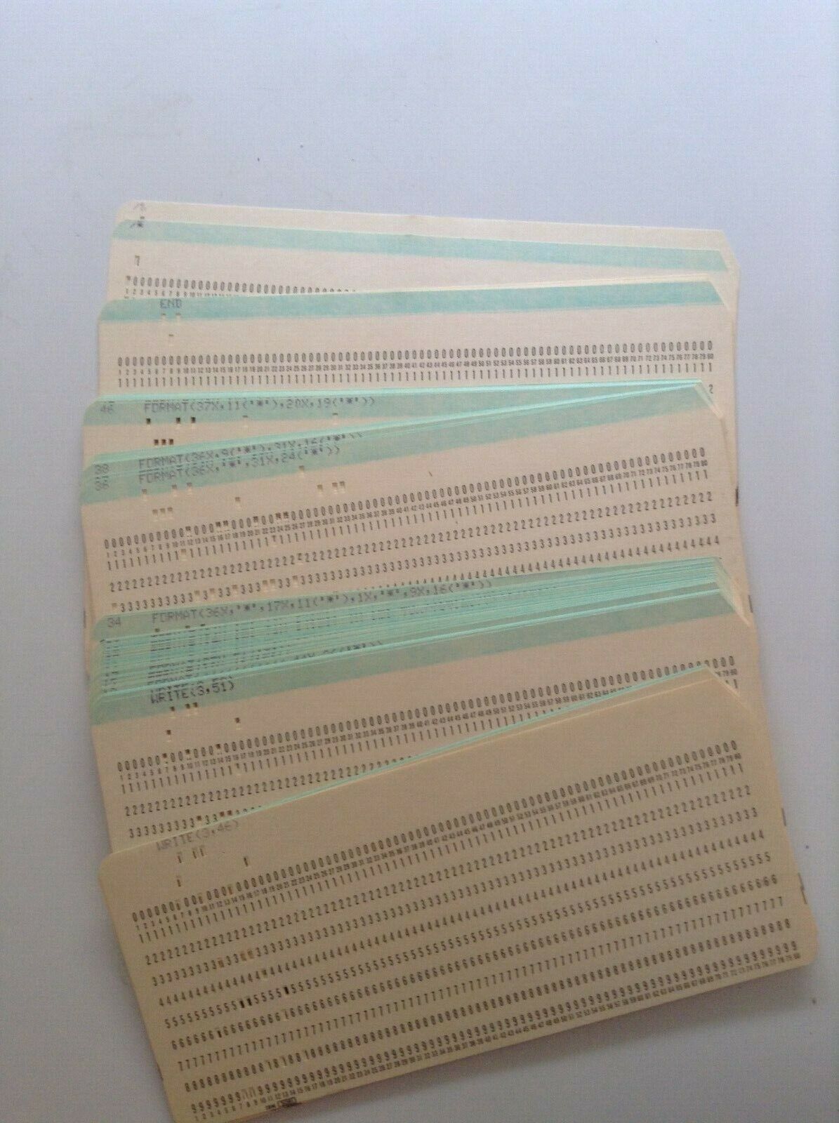 64 Vintage Computer Punch Cards FORTRAN Code Green stripe (most of them)