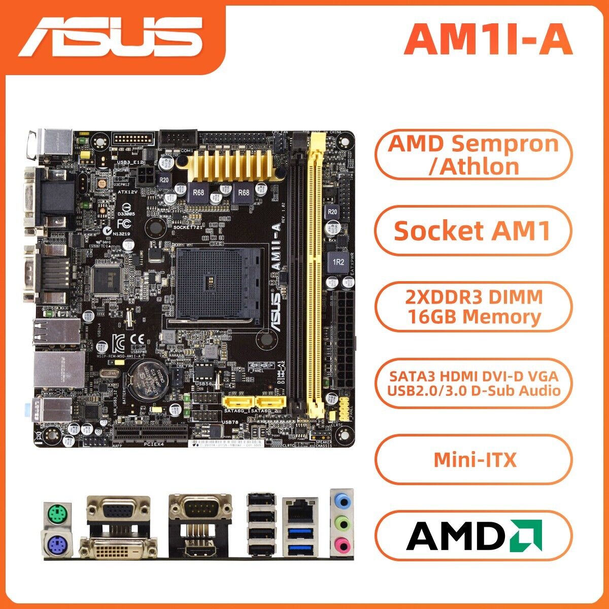 ASUS AM1I-A Motherboard Mini-ITX AMD Sempron/Athlon AM1 DDR3 SATA3 HDMI VGA+I/O