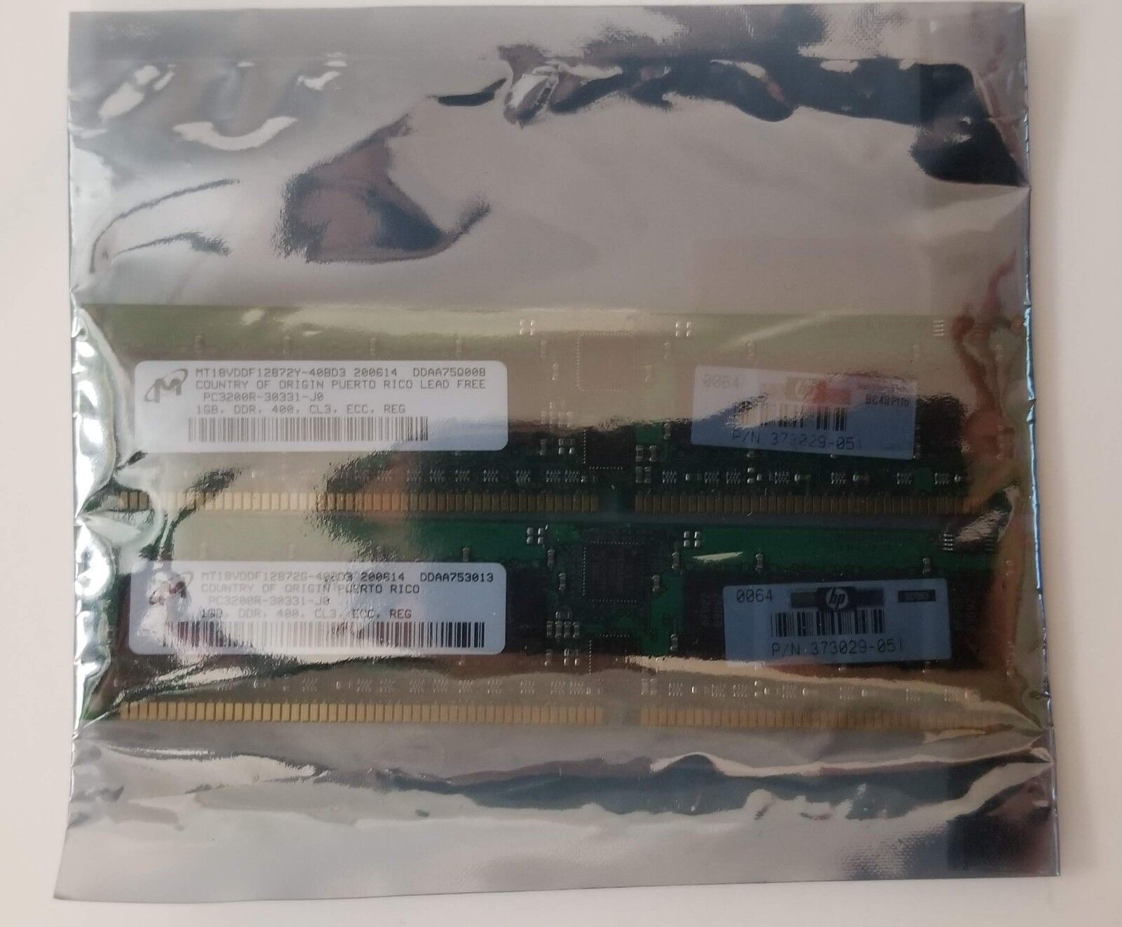 Set of 2- MICRON 1GB, DDR, CL3, ECC, PC3200R-30331-J0-  HP