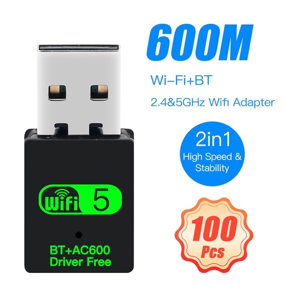 100pcs AC600 Mini USB Cards Driver Free Dual Band 600Mbps WiFi Bluetooth Adapter