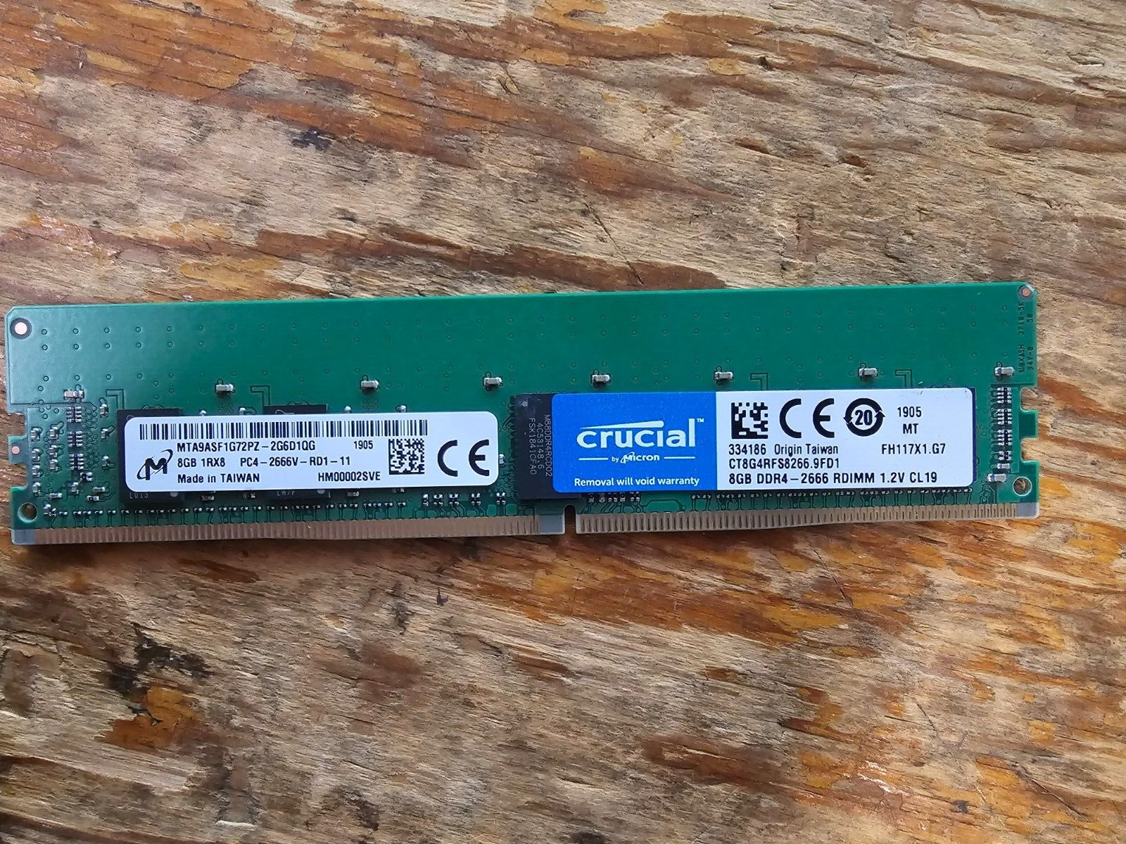 Micron 8GB 1Rx8 PC4 (DDR4) 2666V-RD1-11 MTA9ASF1G72PZ-2G6D1QG 1905