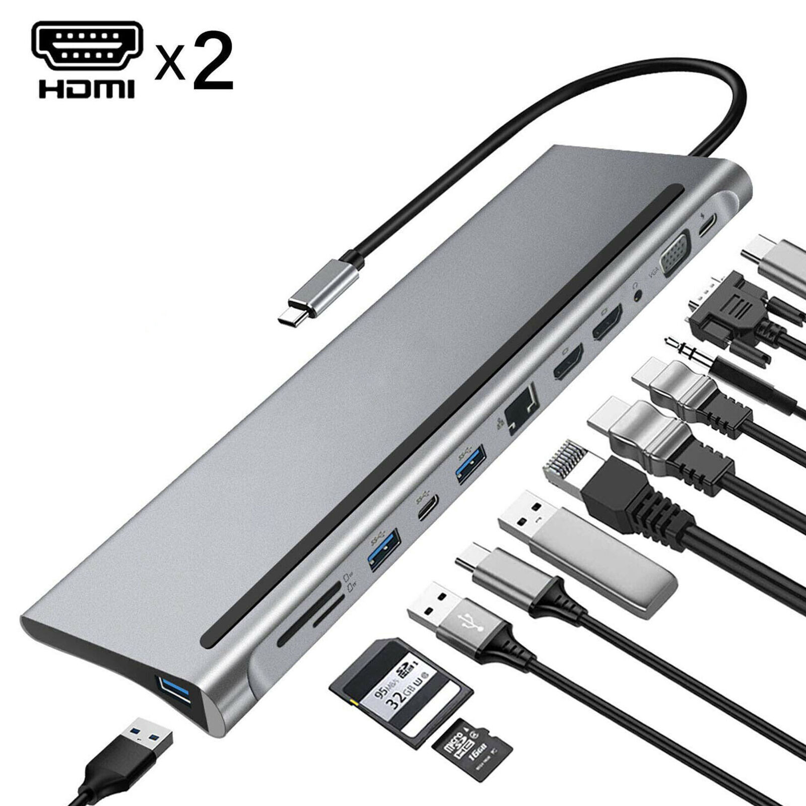 12 in 1 Type-C USB-C Hub Adapter to 2 HDMI USB VGA TF Audio with PD for MacBook