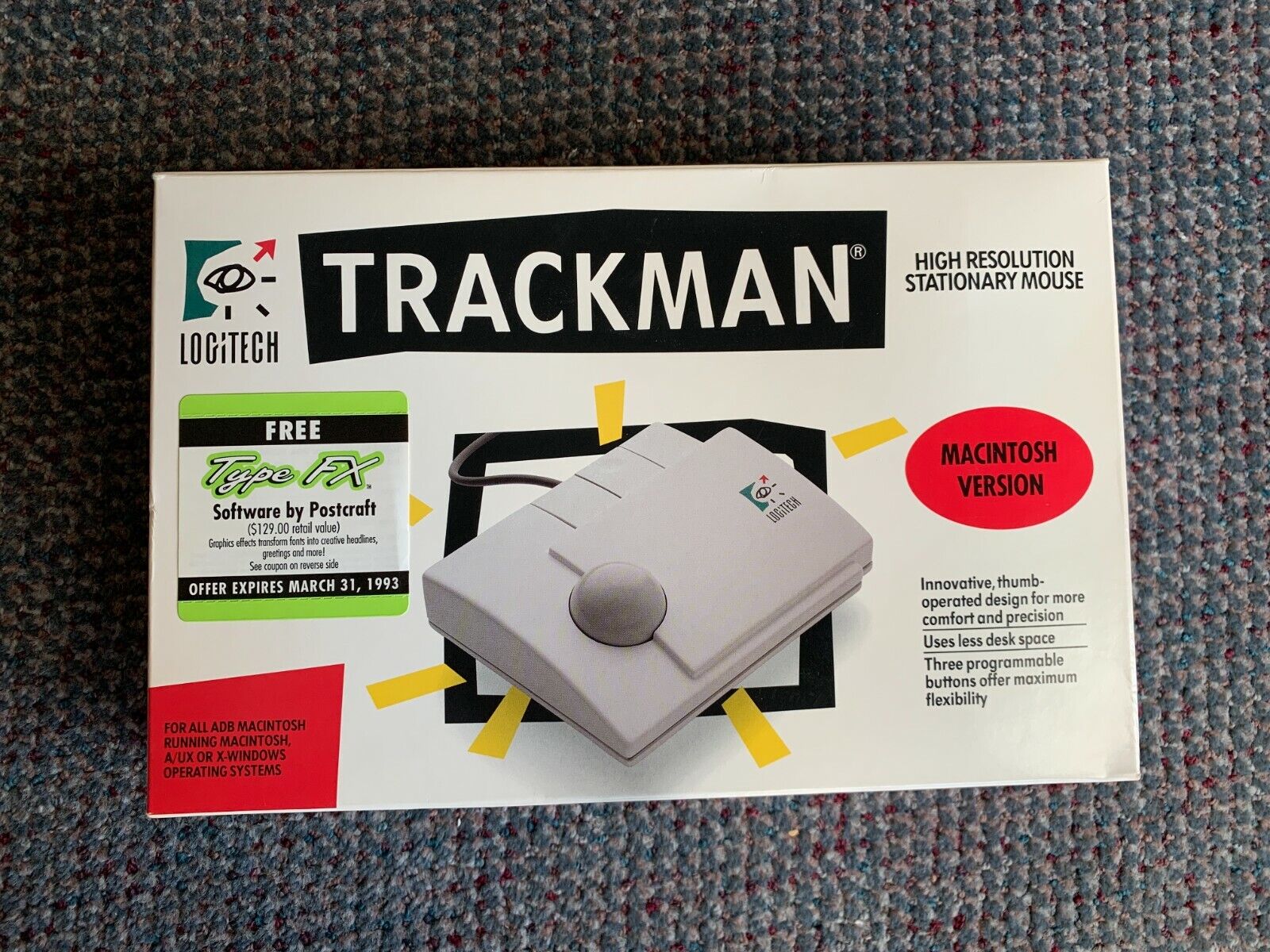 Vintage Logitech Trackman Stationary Mouse In Box Macintosh Version 1991