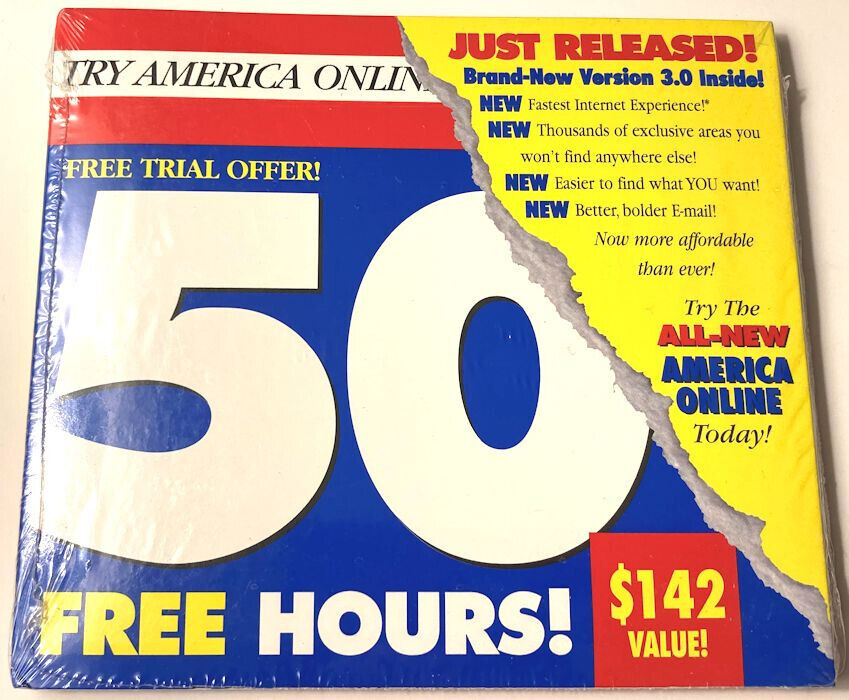 America Online AOL Mail 3.0 Vintage 1990s Software 50 Hours New Sealed Collector