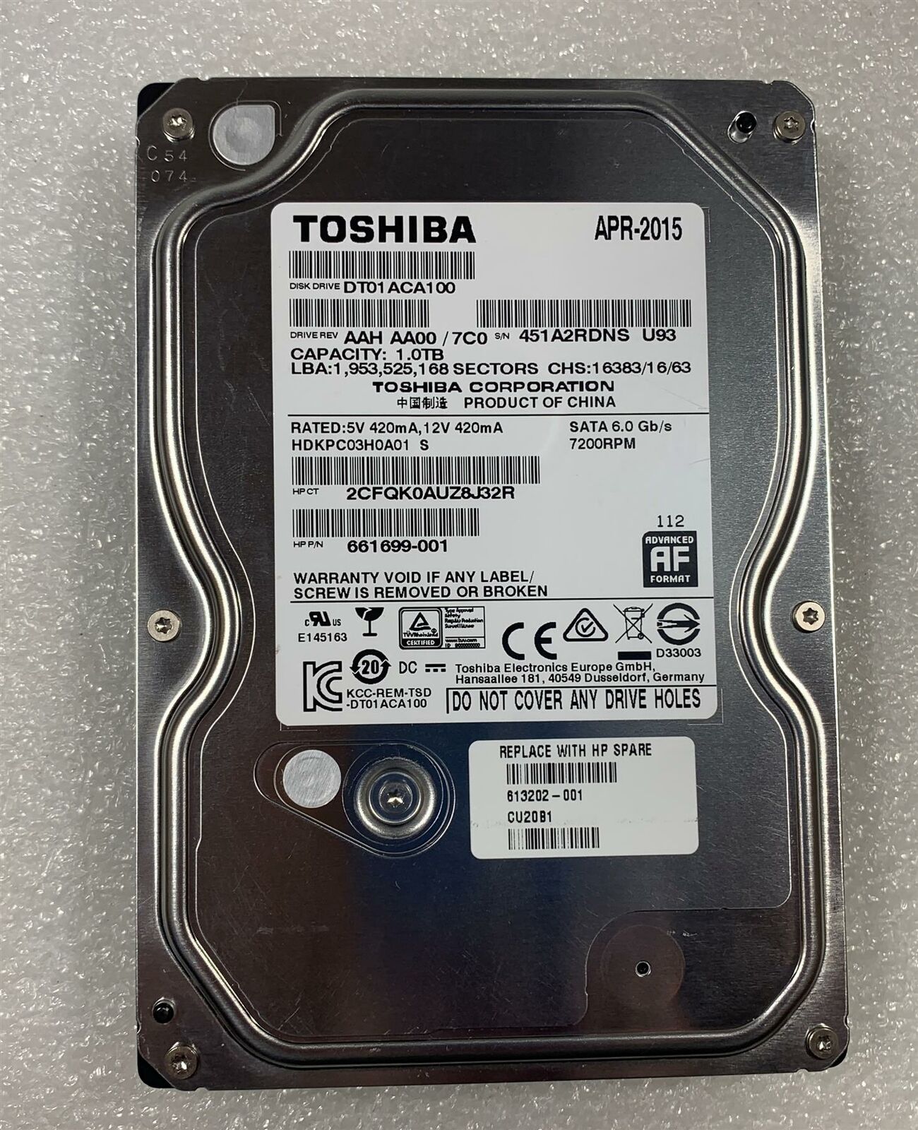 HP 613202-001 Toshiba DT01ACA100 HDD Hard Disk Drive 1TB 1000 GB 7200RPM SATA
