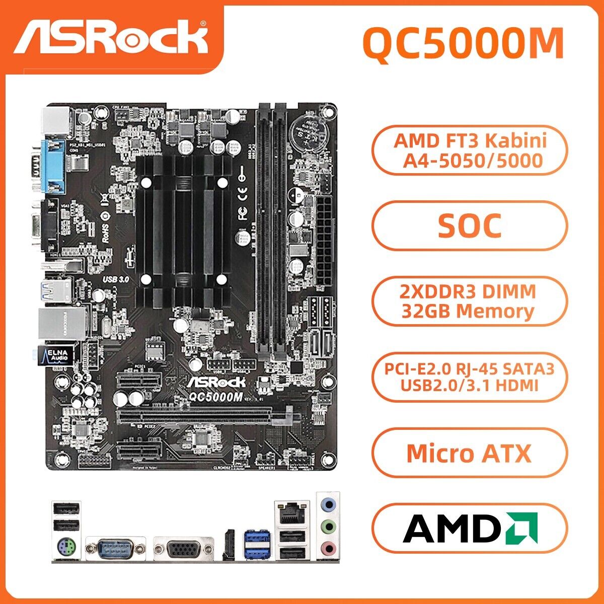 ASRock QC5000M Motherboard M-ATX SOC AMD A4 5050/5000 DDR4 32GB SATA3 HDMI VGA