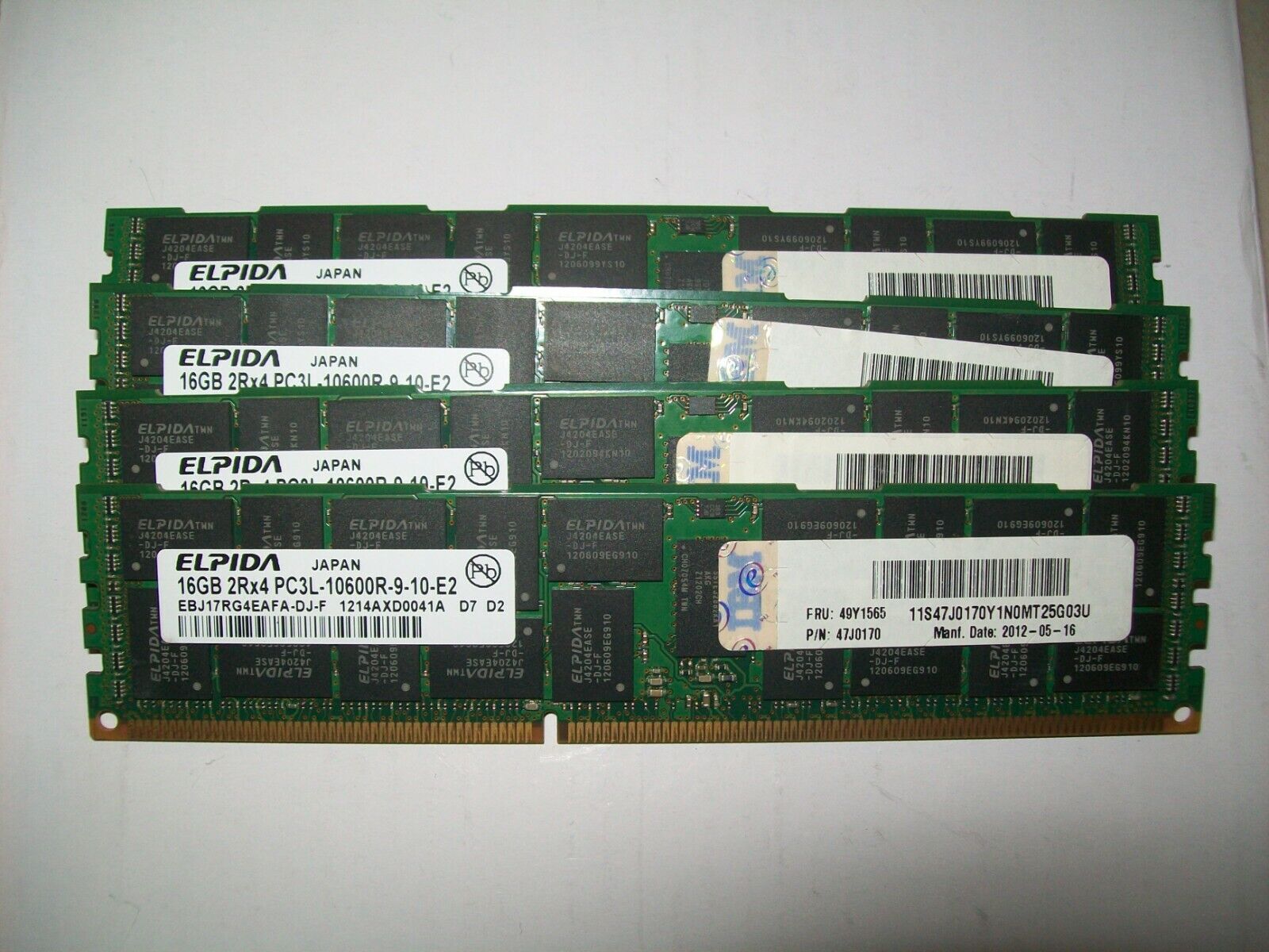 Lot: 4x 16GB Elpida IBM 47J0170 PC3L-10600R ECC DDR3 FRU 49Y1565