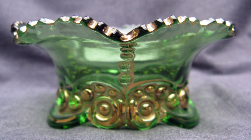 Antique Green Pressed Glass Bead & Scroll Berry Bowl