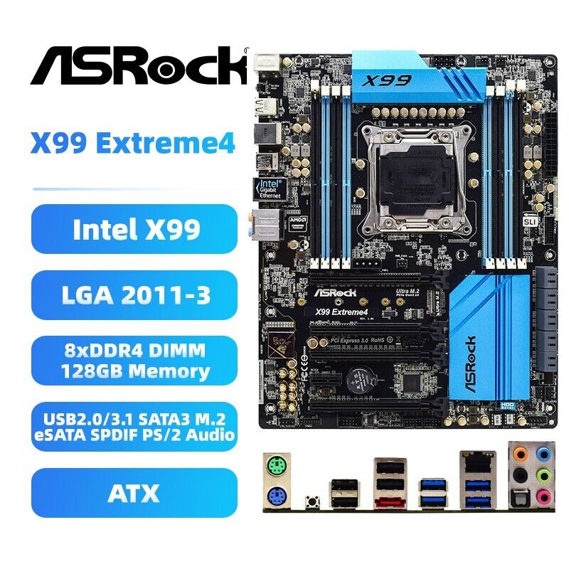 ASRock X99 Extreme4 Motherboard ATX Intel X99 LGA2011-3 DDR4 SATA3 M.2 Audio+I/O