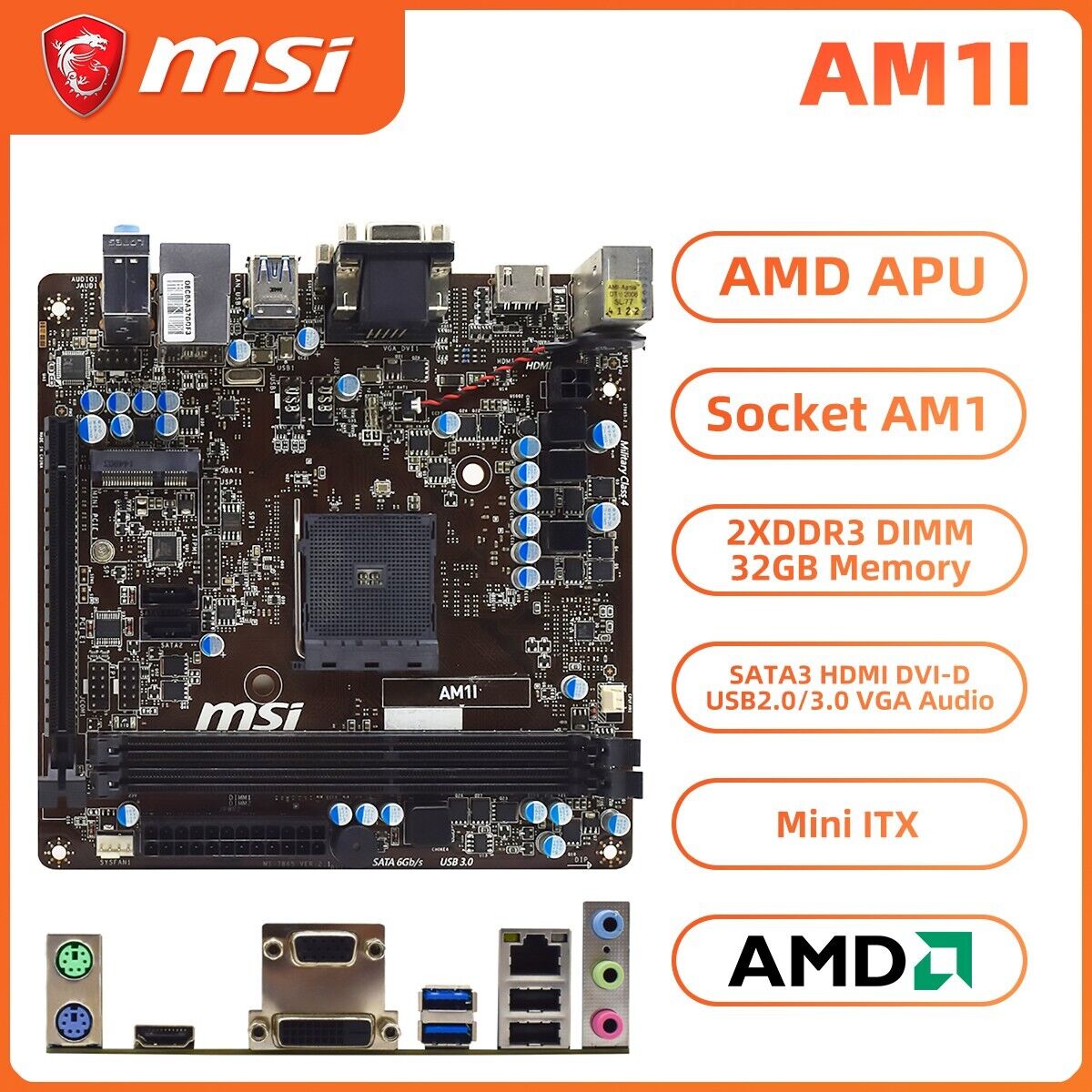 MSI AM1I Motherboard Mini-ITX AMD APU Socket AM1 DDR3 SATA3 HDMI DVI-D VGA+I/O