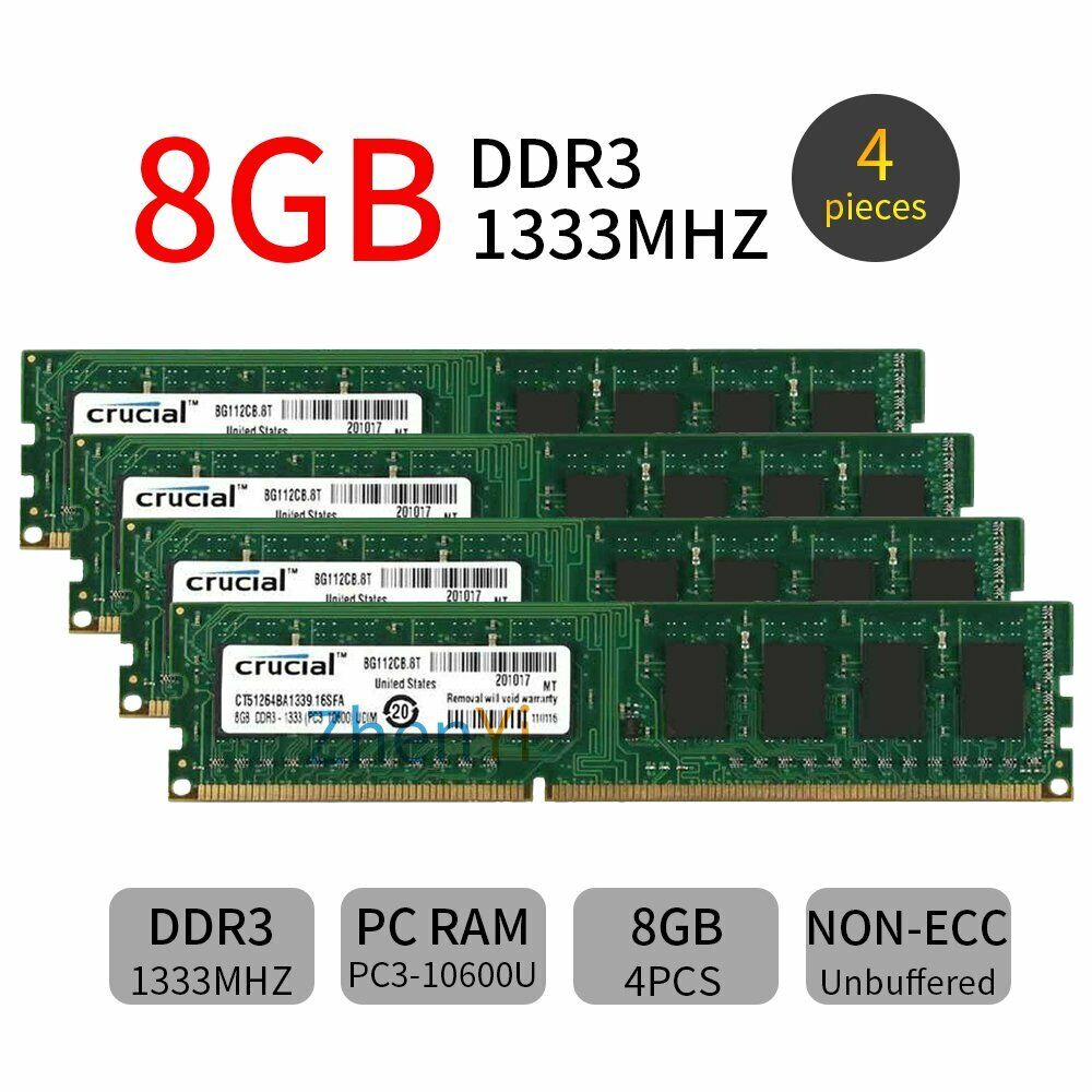 For Crucial 32GB 16GB 8GB PC3-10600U DDR3 1333Mhz 240pin 1.5V Desktop RAM Lot UH
