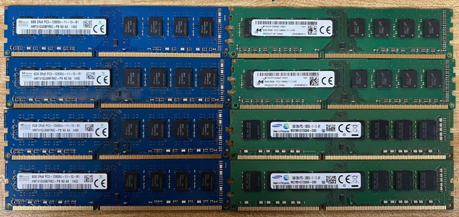 Lot of 8x 8GB Mixed Brands 2Rx8 PC3-12800U DDR3-1600 Desktop RAM 64GB Total