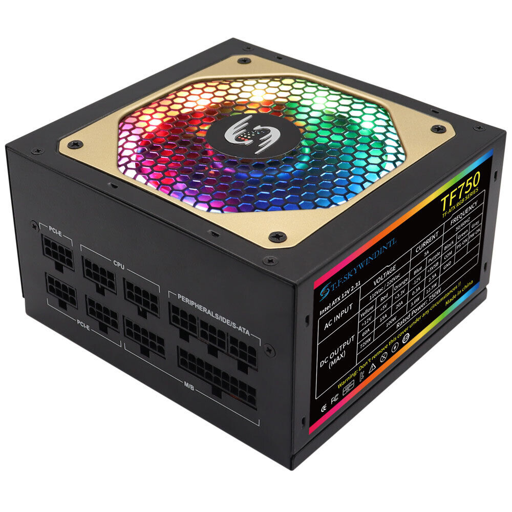 750W Gaming Power Supply PC PSU Fully Modular ATX Low Noise LED RGB Fan 110-220V