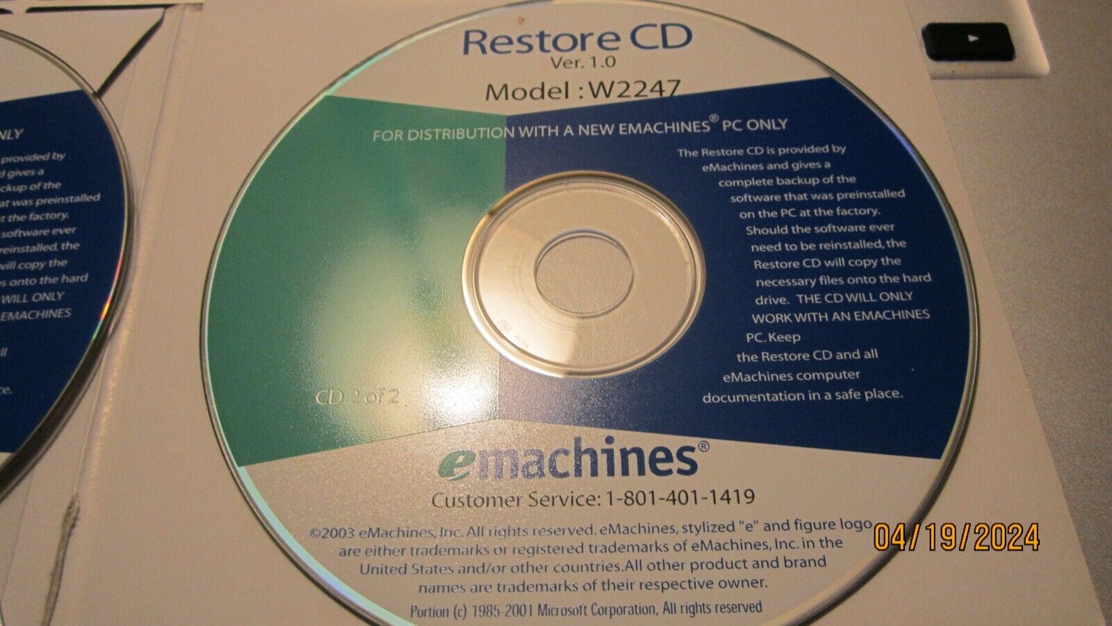 eMachines W2247 Desktop Computer Restore Disk Set