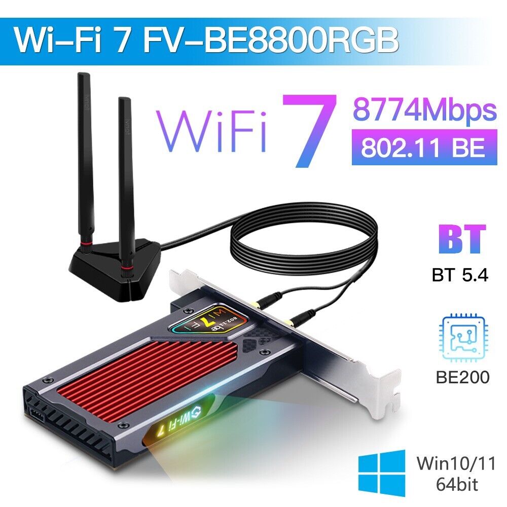 RGB Gaming WiFi 7 PCIE Network Card BE200 Bluetooth 5.4 Desktop PC WiFi7 Adapter