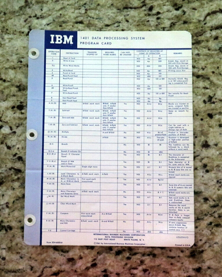 Vintage IBM 1401 Data Processing System Program Card Dated 1961