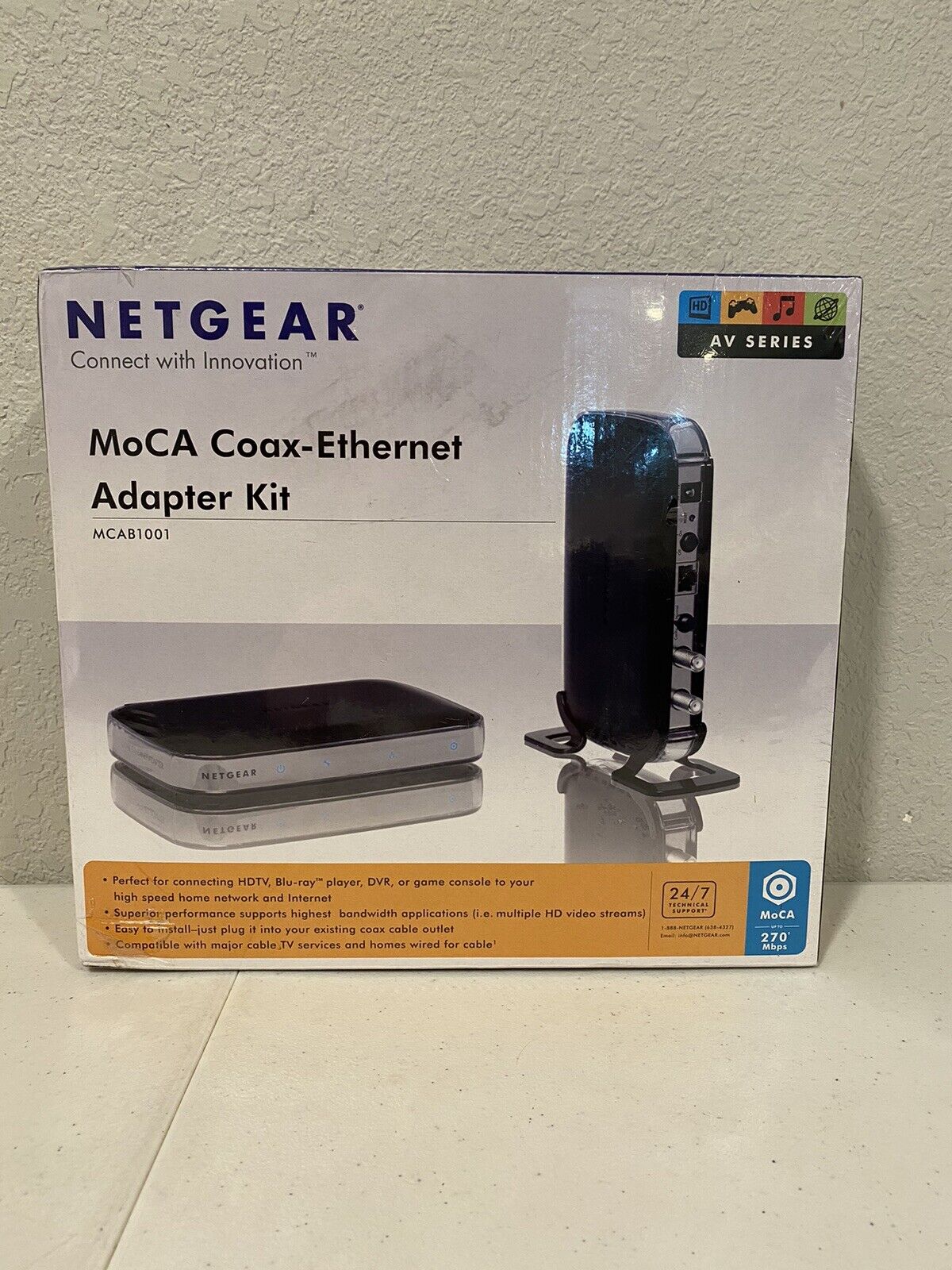 MoCA Coax Ethernet Adapter Kit MCAB1001 Netgear AV Series 270 Mbps New Sealed