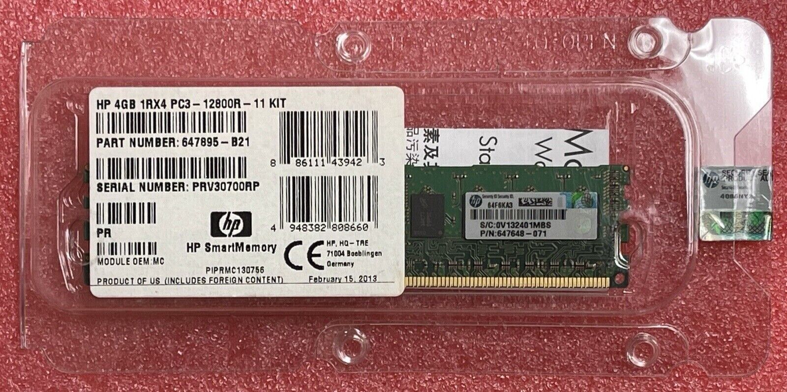 Lot of 4 HP 4GB 1RX4 PC3-12800R - 11 KIT SERVER Memory 647895-B21