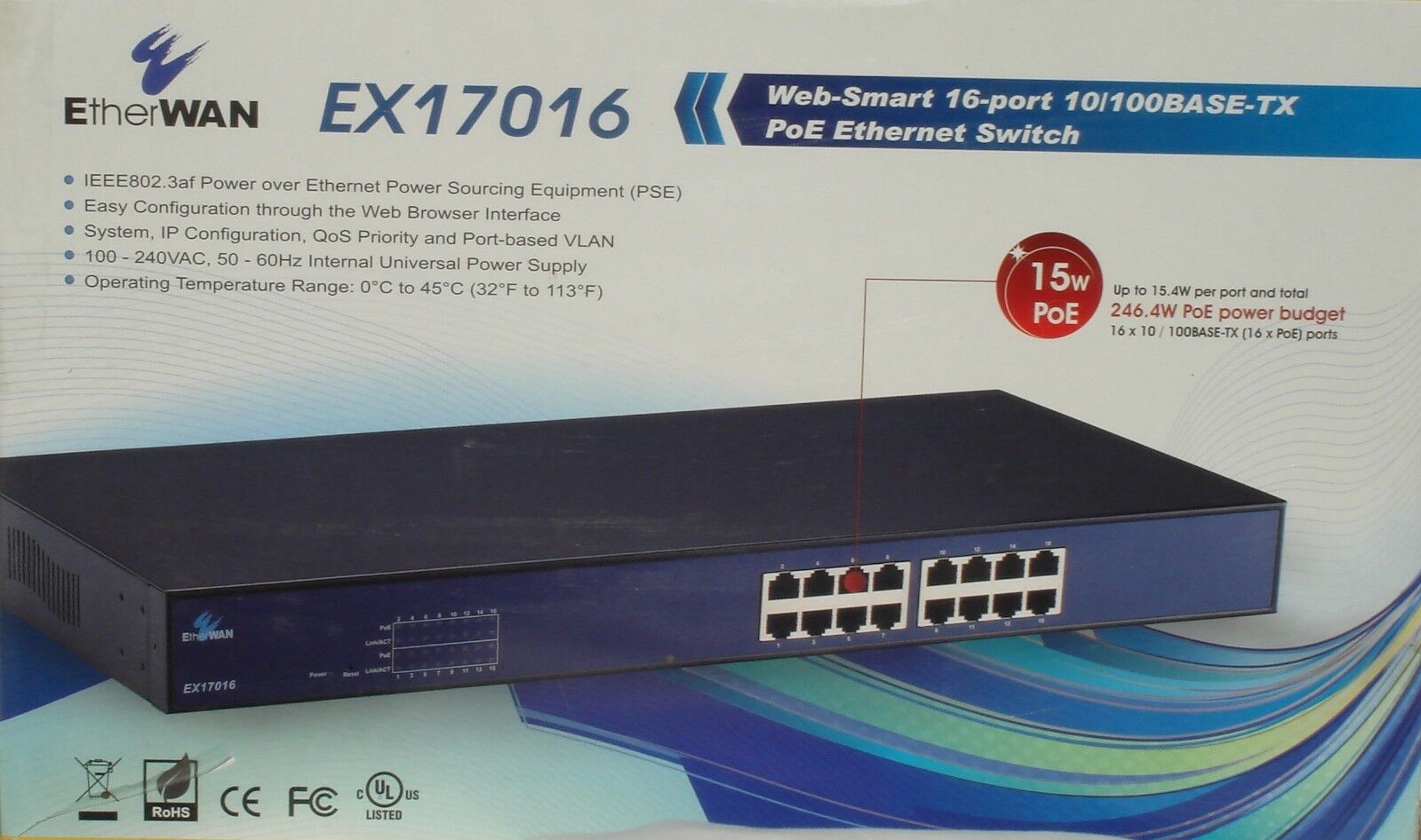 *NIB* EtherWAN Web-Smart 16-Port PoE 10/100BASE-TX Ethernet Switch (EX17016)