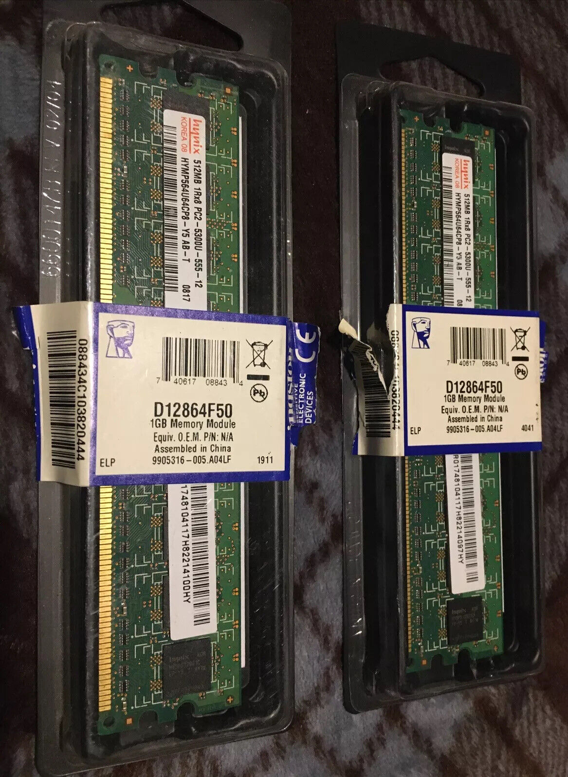 Two ( 2 ) Kingston 1GB (2x 1GB) D12864F50  Memory Module – NEW Open Box - UNUSED