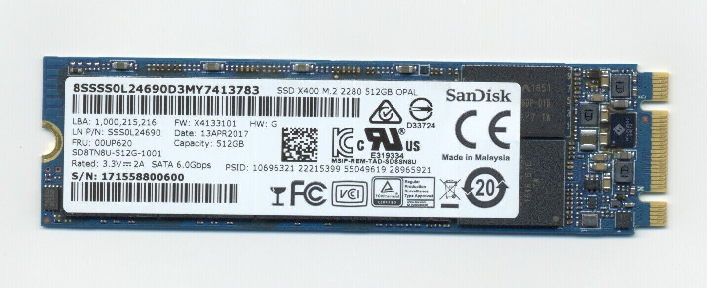 512GB SATA-III 6 Gbps Solid State Drive M.2 2280 SanDisk X400 SSD Lenovo 00UP620