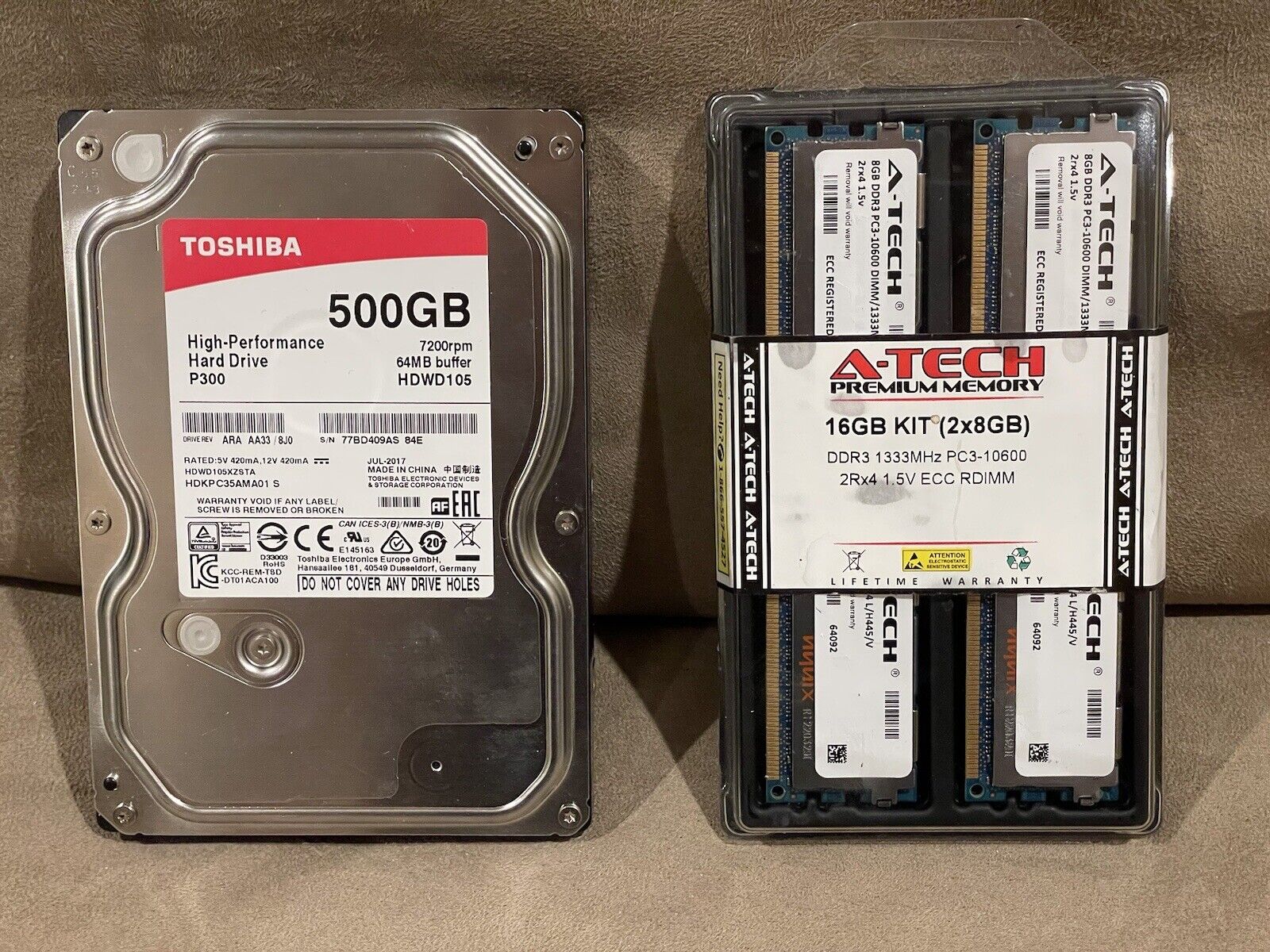 A-TECH 16GB KIT (2x8GB) 2666MHz MEMORY RAM + TOSHIBA 500GB HD HARD DRIVE 7200RPM