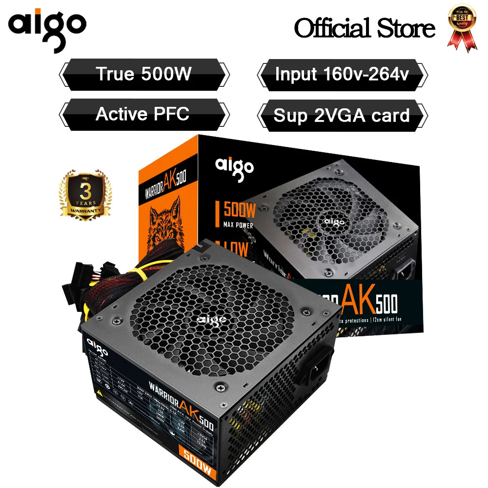 Power Supply 500W ATX Desktop computer Gaming PSU Quiet 120mm RGB Fan