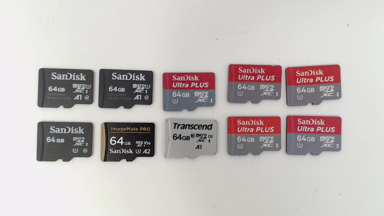 Lot of 10 - 64GB Sandisk & Transcend Micro SD Memory Cards