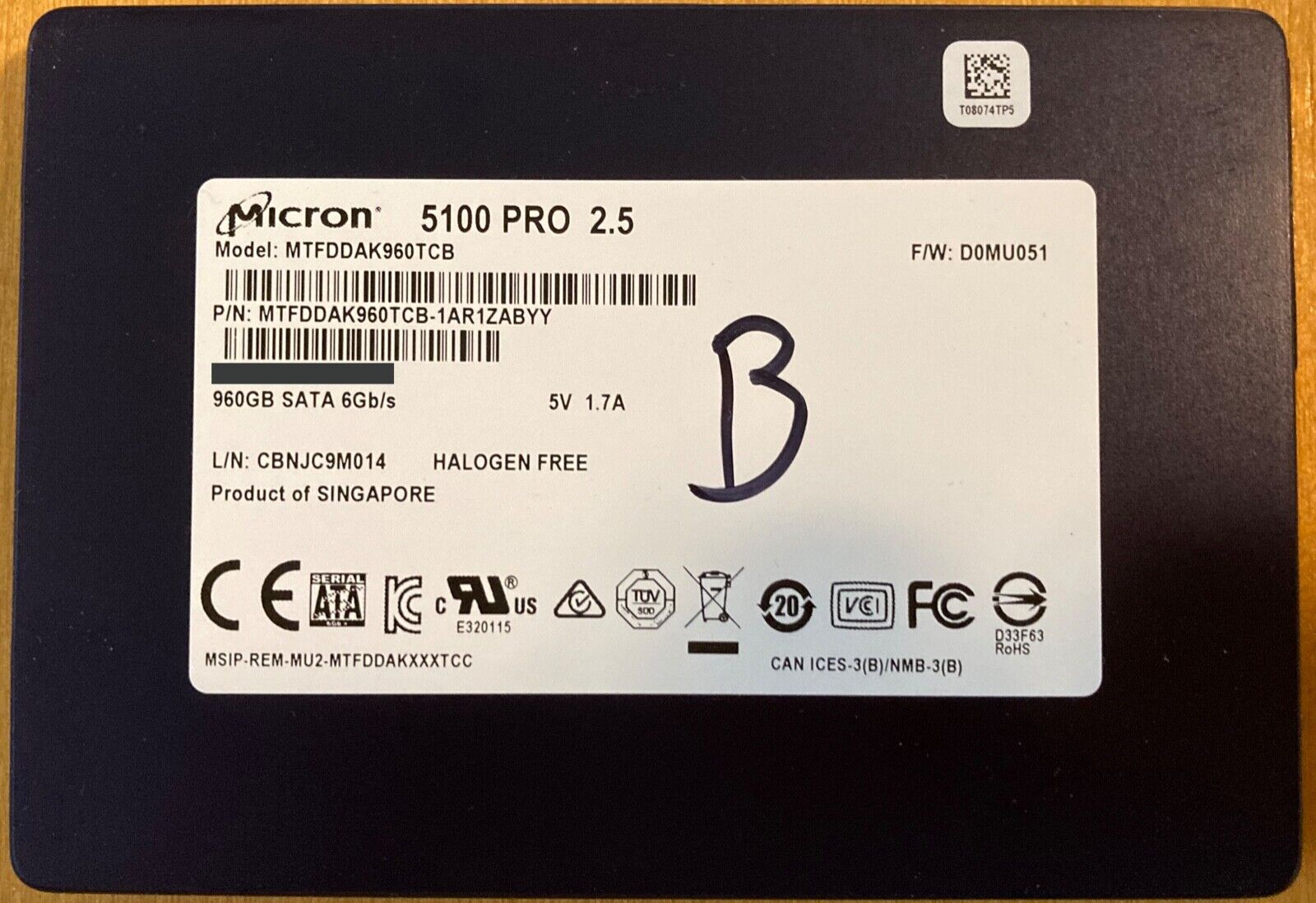 Micron 5100 PRO 960GB SSD Solid State Drive MTFDDAK960TCB - 