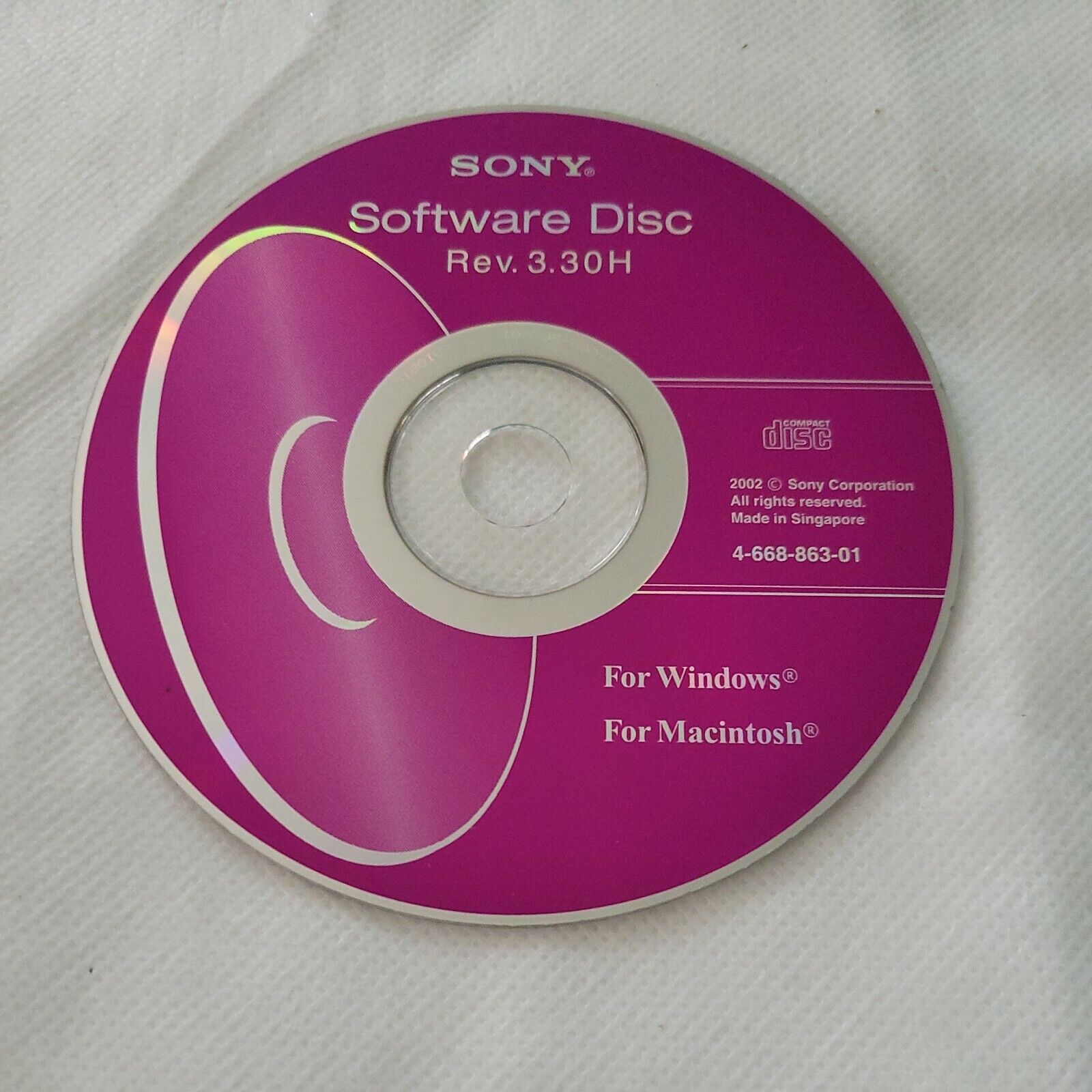 Sony Software Disc Rev. 3.30H Windows 2002 CD Macintosh Replacement 4-668-863-01