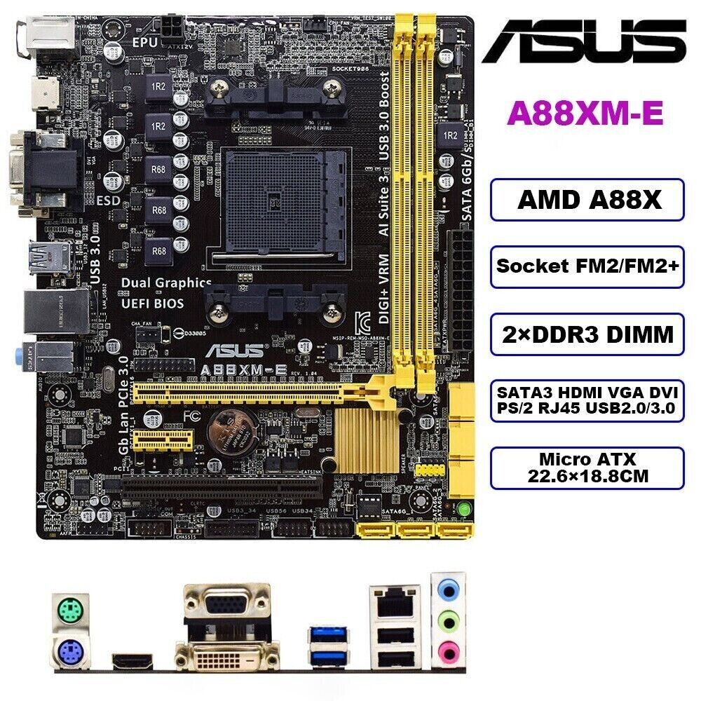 ASUS A88XM-E Motherboard M-ATX AMD A88X Socket FM2/FM2+ DDR3 SATA3 HDMI DVI+I/O