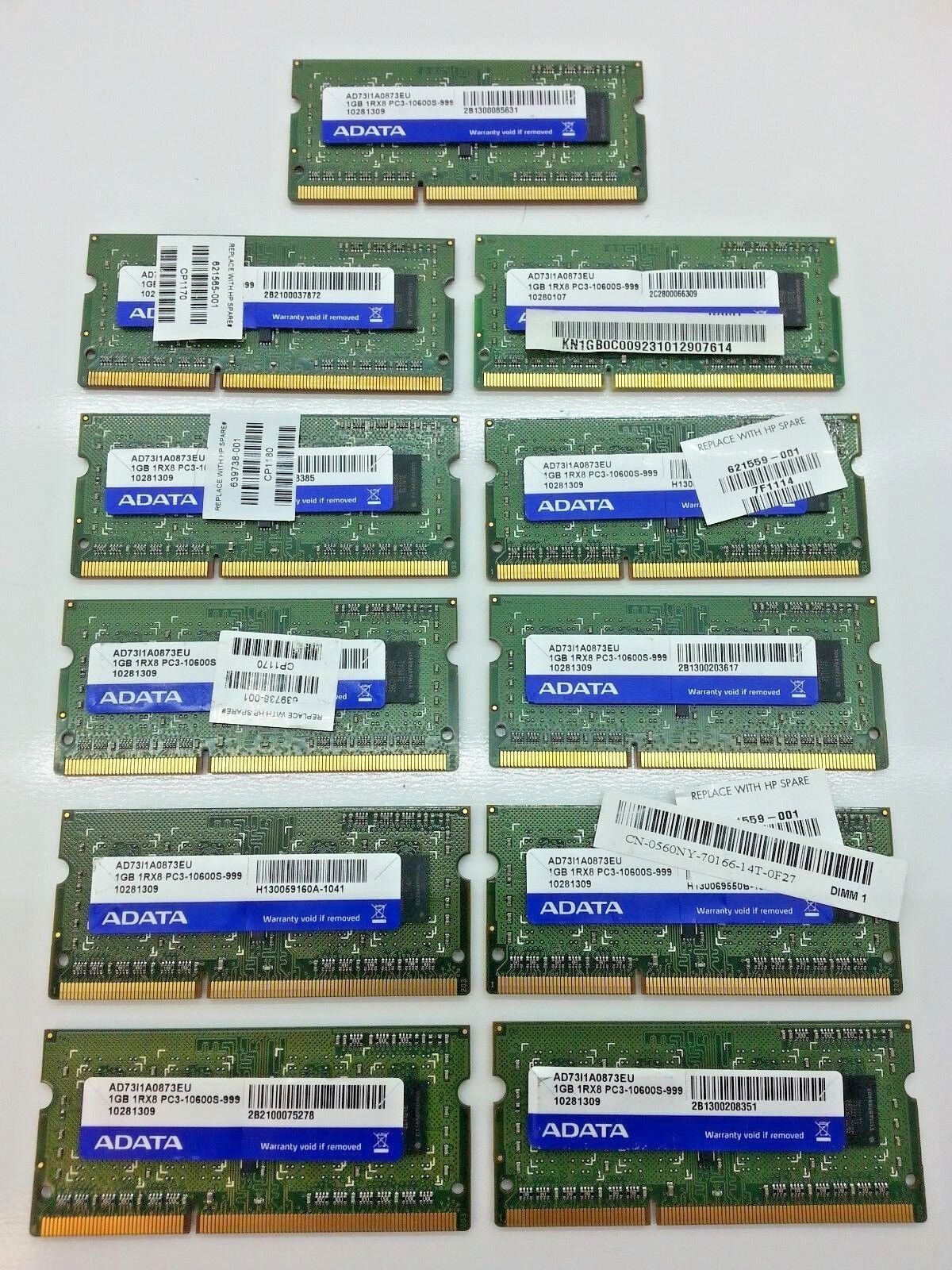 Lot of 11 ADATA 1GB 1Rx8 Memory RAM PC3-10600S-999 AD73I1A0873EU 639738-001 / 71