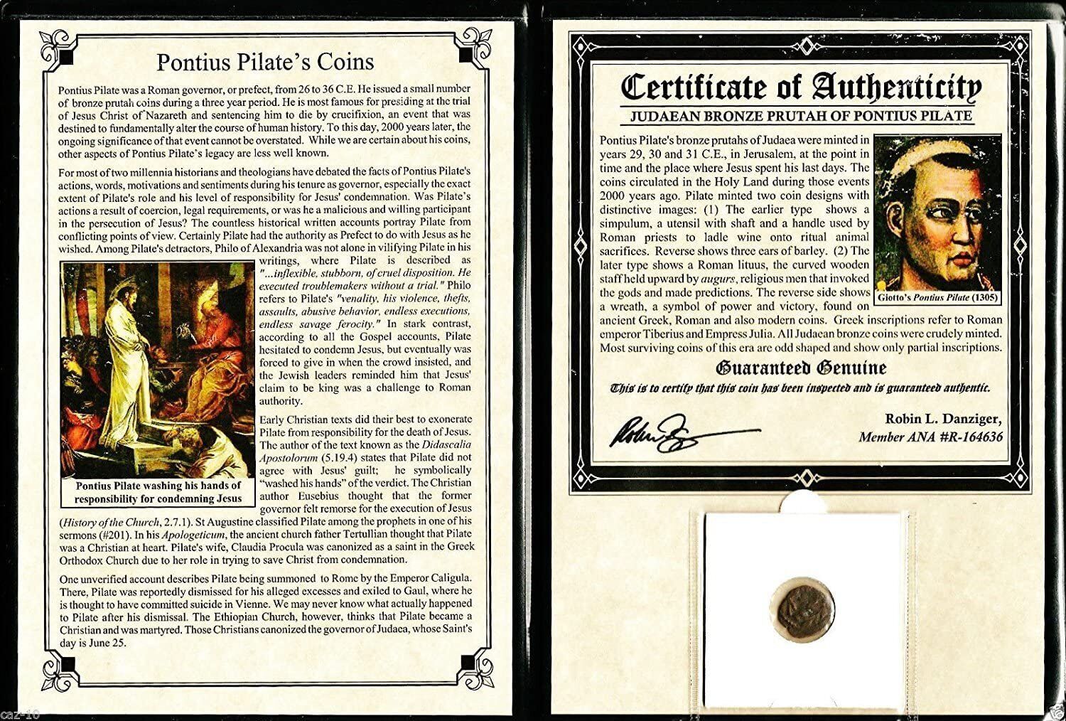 Pontius Pilate Coin Bronze Prutah Album. Certified Authentic.
