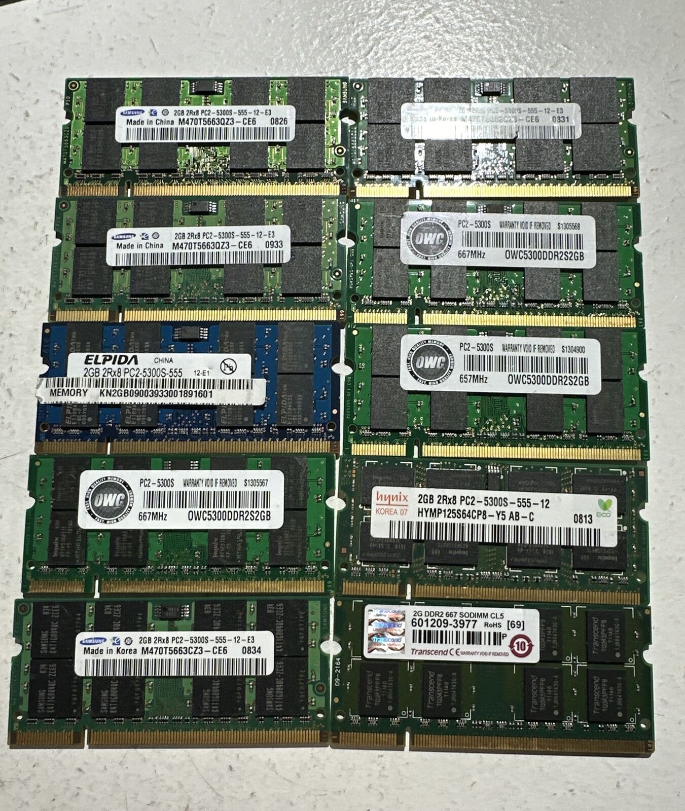 Lot of 10 (20GB) Mixed Brands 2GB PC2-5300 DDR2-667 Laptop Ram Memory