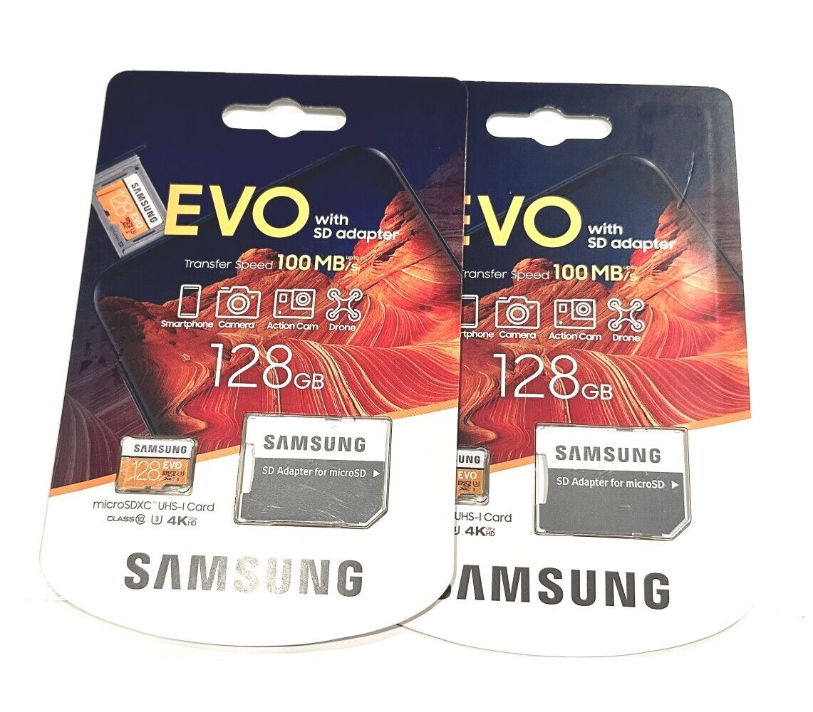 Lot of 2 - SAMSUNG EVO 128GB microSDXC Flash Card + Adapter Model MB-MP128HA/AM