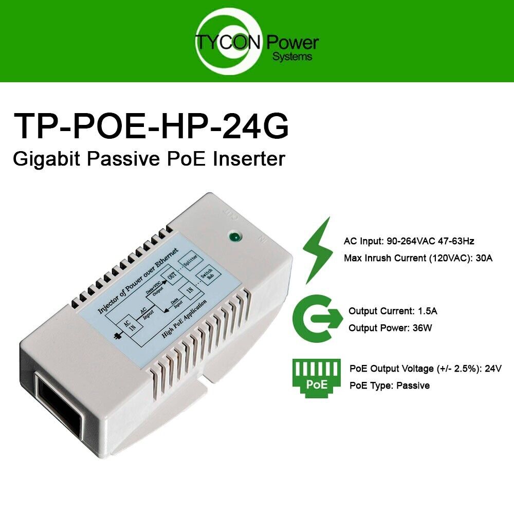 Tycon Power Systems TP-POE-HP-24G Gigabit Passive PoE Injector 24V 36W