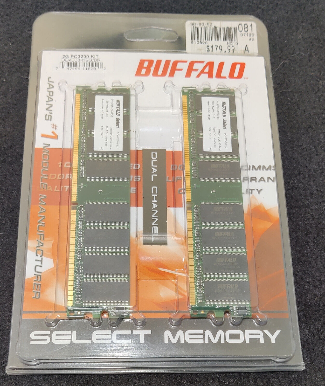 New Buffalo (2x1G) RAM PC3200 Memory Kit DD4003-K2G/BR CL3 DDR400 184pin Vintage