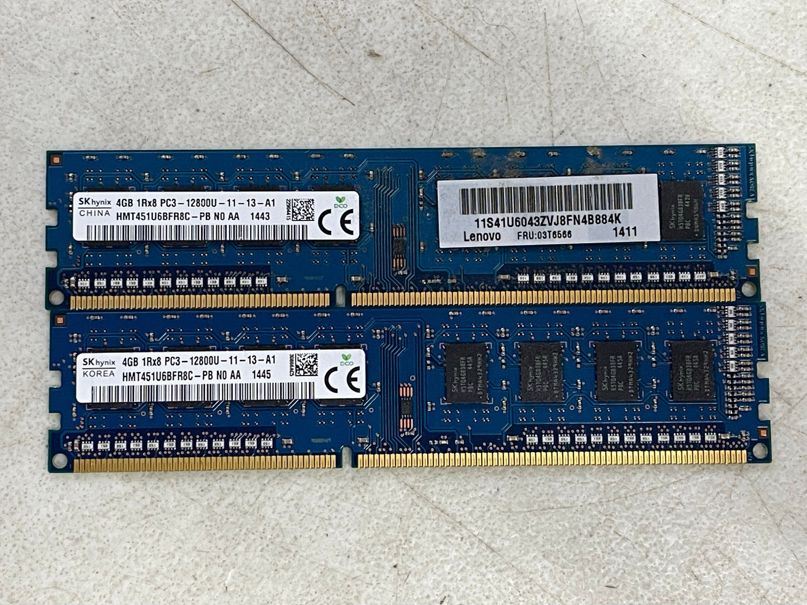 SK hynix 4GB 1Rx8 PC3-12800U DIMM | HMT451U6BFR8C-PB | 8GB Total (Lot of 2)