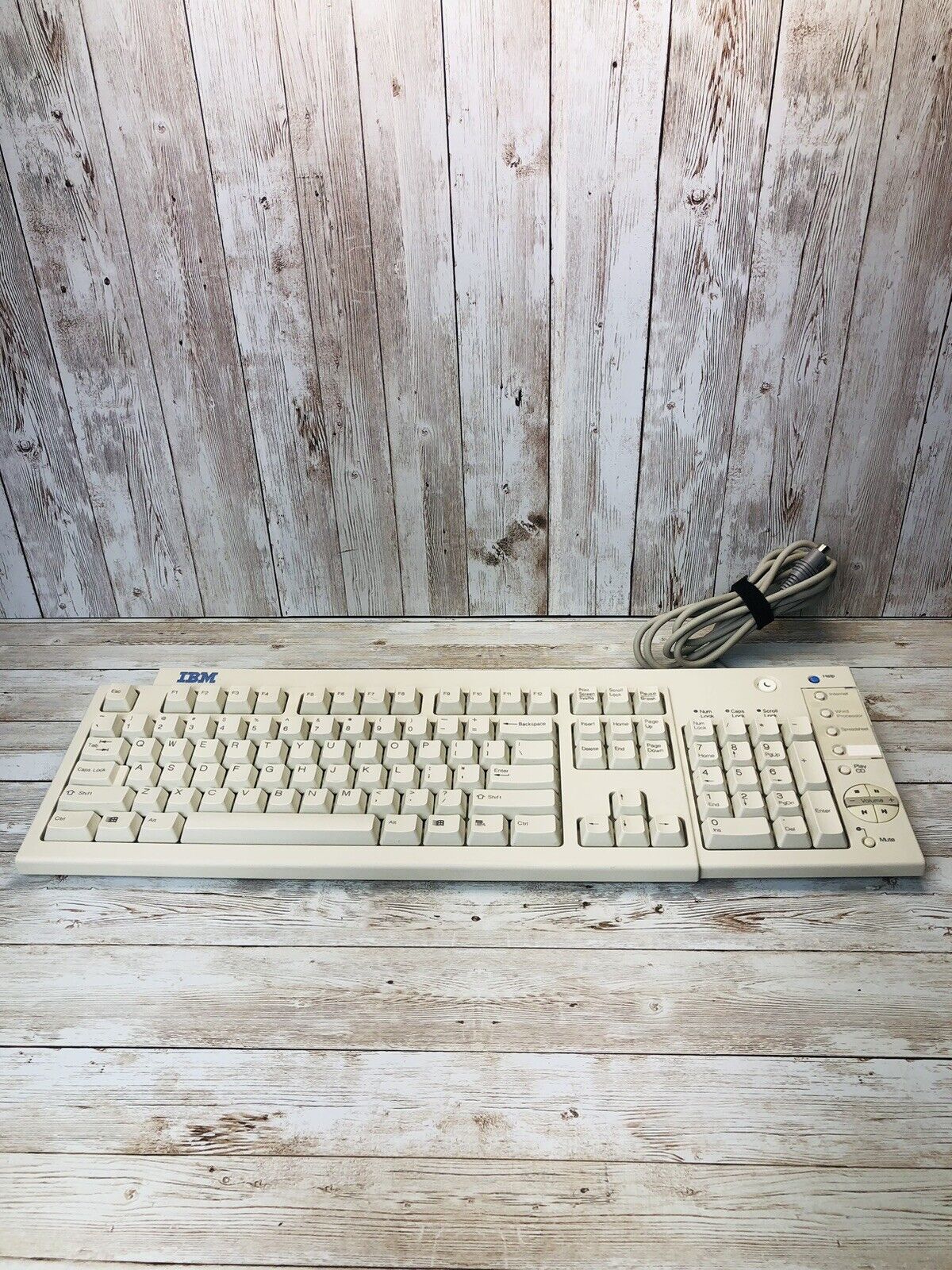 Vintage IBM KB-7993 white PS/2 keyboard plus 7 extra buttons,  6 vol. controls