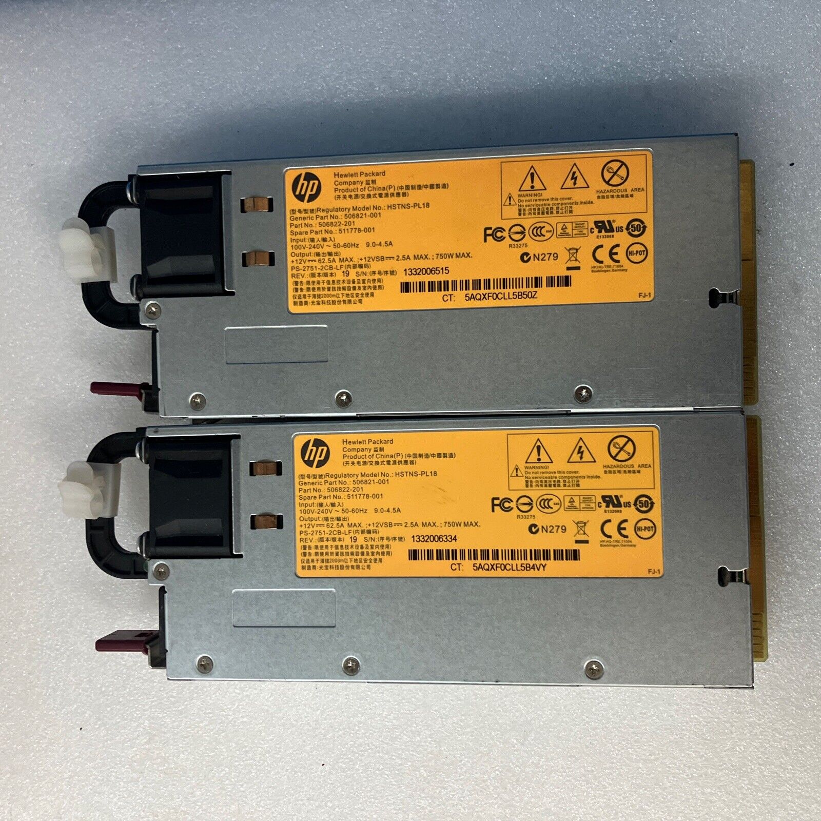 ~ 2x HP HSTNS-PL18 506822-201 750W Power Supply 511778/506821-001 PS-2751-2CB-LF