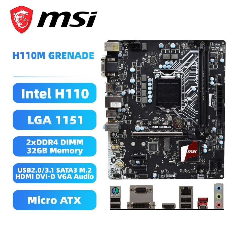MSI H110M GRENADE Motherboard M-ATX Intel H110 LGA1151 DDR4 SATA3 HDMI DVI-D M.2